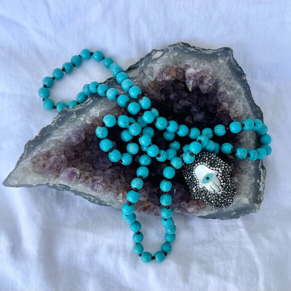 Turquoise Beaded Necklace With Hamsa, Evil-Eye Charm - Picture 4 of 4
